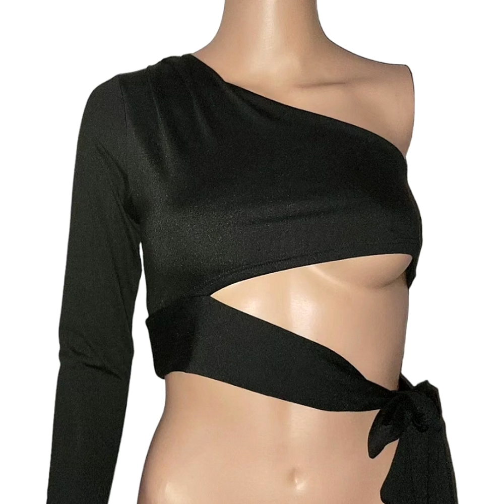 Black asymmetrical crop top.